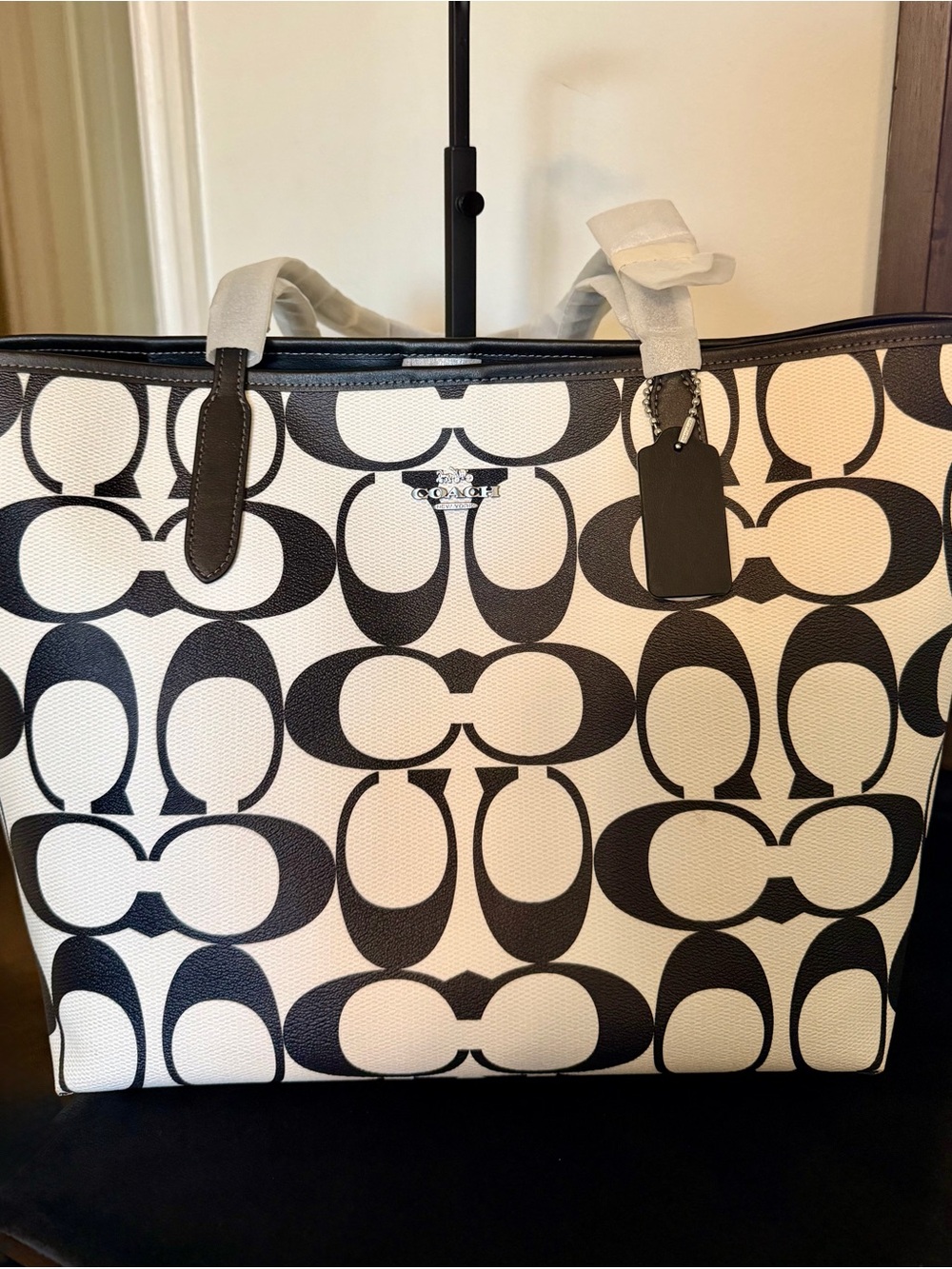 Coach Black & White Signature Canvas Tote with Leather Trim